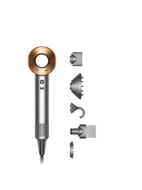 Dyson Silver Hair Dryer with Pink Airflow Visualization